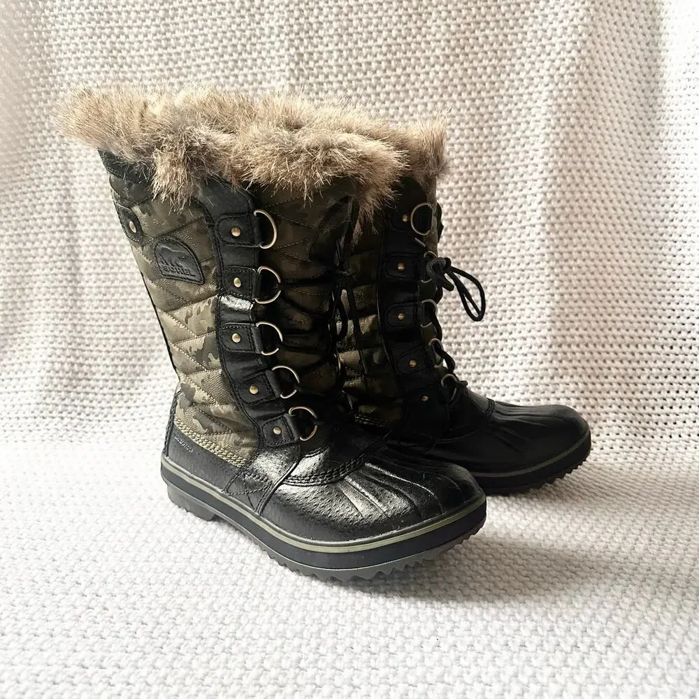 Sorel Women Tofino II Black NL-3071-371 Green Camo Fur Lined Trim Snow Boots 8